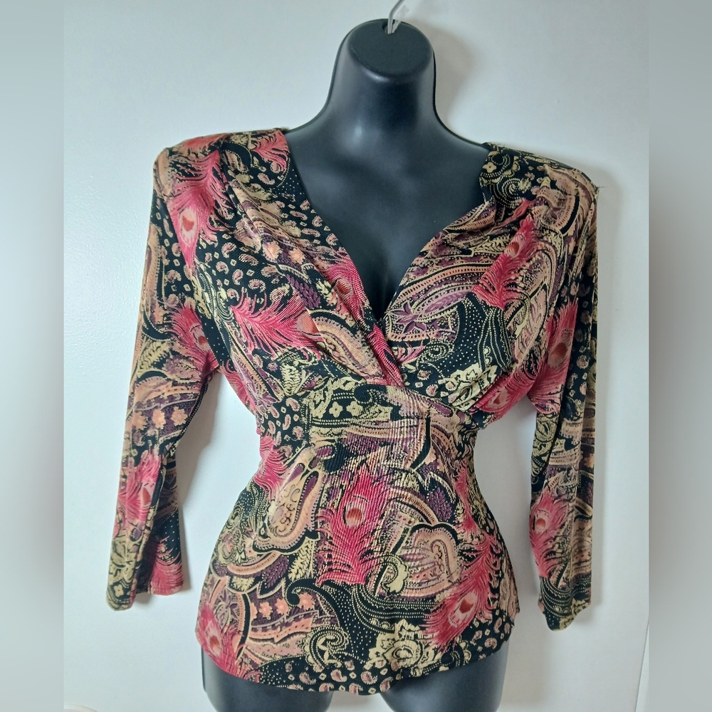 VTG Carducci Babydoll Dark Fairy Boho Top S Black Paisley 3/4‎ Sleeve Stretchy
